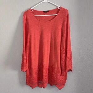 Adrianna Papell Womens Orange Crochet Embellished Sleeve Blouse Size Large